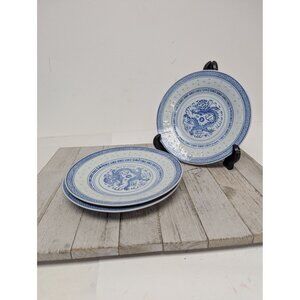 Chinese JingDeZhen Blue White Porcelain Rice Grain Dragon 7" Salad Plates Set 3